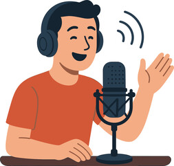 Podcast microphone with host talking, flat vector illustration on white background