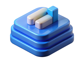 Blue three tier stacked platform with white and blue blocks representing data growth analysis 3d rendering plastic style icon on transparent background