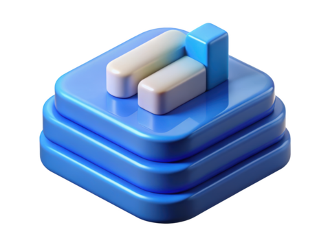 Blue three tier stacked platform with white and blue blocks representing data growth analysis 3d rendering plastic style icon on transparent background