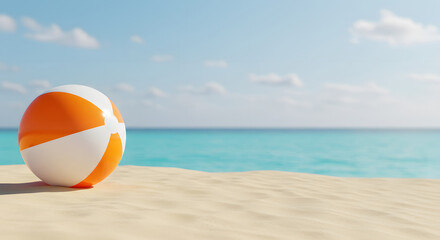 Obraz premium Serene Beach Scene: Orange and White Beach Ball on Sandy Shore, Turquoise Ocean, Sunny Day