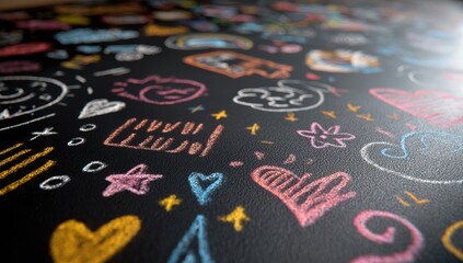 Colorful children's drawings on a dark surface