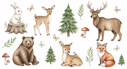 Watercolor woodland animals illustration set with bear, deer, fox, bunny, forest trees, mushrooms, butterflies and bird for nursery wall art and kids room decor
