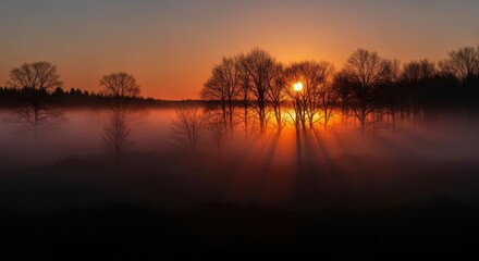 Obraz premium Misty Sunrise Through Silhouetted Trees Over Water