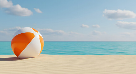Obraz premium Serene Beach Scene: Orange and White Beach Ball on Sandy Shore, Turquoise Ocean, Sunny Sky