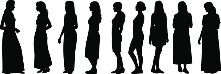 Silhouette of women standing in various poses, female figures in side view, fashion illustration design, vector art of elegant ladies, black silhouette style