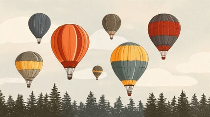 Vintage hot air balloons against a serene forest landscape.