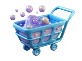 Cartoon shopping cart filled with purple fabric and pearls marketing promotion online store retail 3d rendering plastic style icon on transparent background