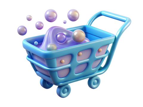 Cartoon shopping cart filled with purple fabric and pearls marketing promotion online store retail 3d rendering plastic style icon on transparent background