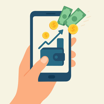 Friendly illustration of a hand using a phone as money and coins appear; ideal for wallet apps, payouts, or promo creatives.