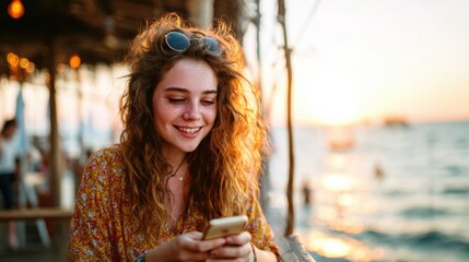 A joyful young woman with curly hair enjoys her smartphone at sunset by the beach, radiating happiness and warmth in a scenic seaside setting.