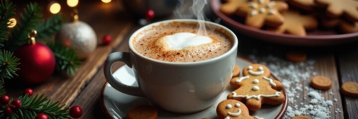 Steaming cocoa, gingerbread cookies, Xmas candy Overhead shot , delicious, milk