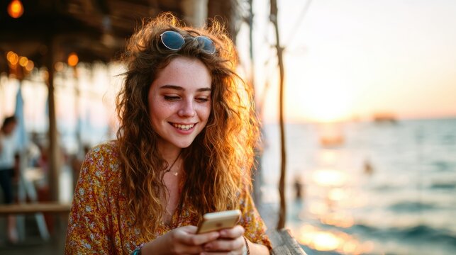 A joyful young woman with curly hair enjoys her smartphone at sunset by the beach, radiating happiness and warmth in a scenic seaside setting. - Powered by Adobe