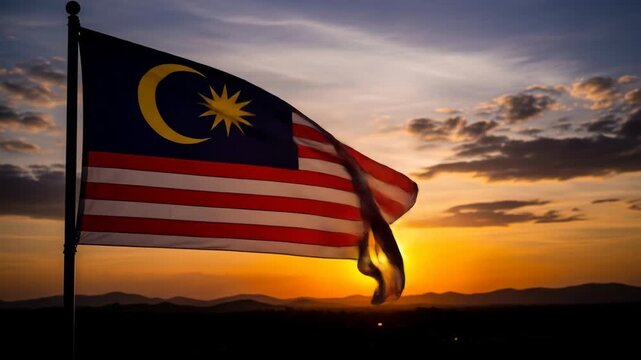 Malaysian Flag Waving at Sunset - The Malaysian flag billows proudly in the warm glow of a vibrant sunset.