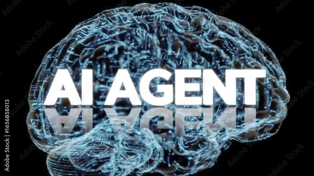 Poster animated futuristic conceptualization of ai agent utilizing brain as core technology