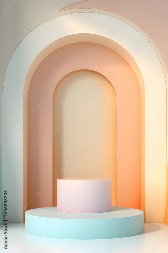 Poster abstract pastel-colored display with curved arches and a circular pedestal, creating a modern and ar