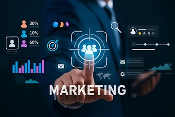 Audience Targeting and Market Analysis Concept &ndash; Businessman Pointing at Customer Icon on Digital Marketing Interface