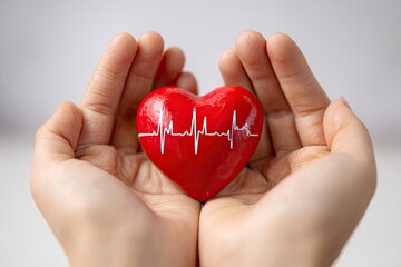 Obraz premium Red heart with heartbeat graphic held in hands