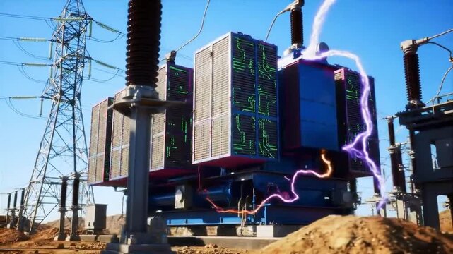 Animated futuristic power transformer station with high voltage transmission lines