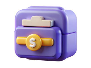 Cute purple treasure chest with gold coin wealth box reward concept finance savings 3d rendering plastic style icon on transparent background