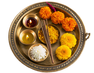 Traditional Indian puja thali with incense sticks flowers and oil lamps for religious rituals and fest