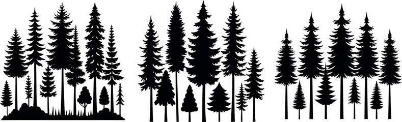 Obraz premium Christmas Tree Silhouettes & Pine Tree Icons – Forest Fir, Nature Trees, Decorated Holiday Tree Pictogram Set