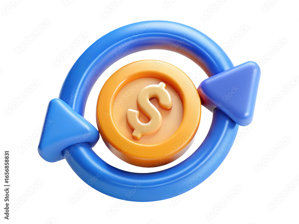 Poster dollar exchange symbol with blue arrows representing money circulation cycle and finance transaction