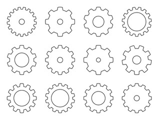 Set of 12 white gear icons on black background. Ideal as PNG for technical illustrations, UI design, or as symbolic settings/configuration icons in apps and interfaces