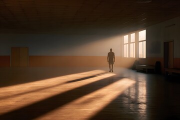 Silhouette of a solitary figure standing in a sunlit room, with long shadows cast on polished wooden floor, evoking a sense of solitude and introspection in a tranquil environment
