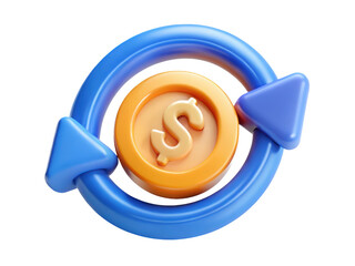 Dollar exchange symbol with blue arrows representing money circulation cycle and finance transaction 3d rendering plastic style icon on transparent background