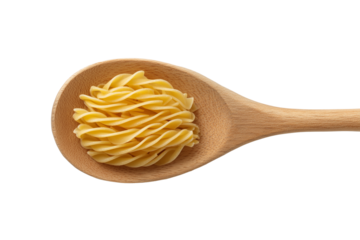Close-up of a Wooden Spoon with a Coil of Raw Pasta Isolated on Transparent Background