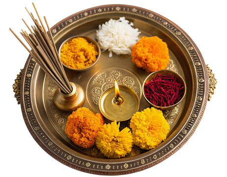 Traditional indian pooja thali with offerings and incense for spiritual rituals and ceremonies