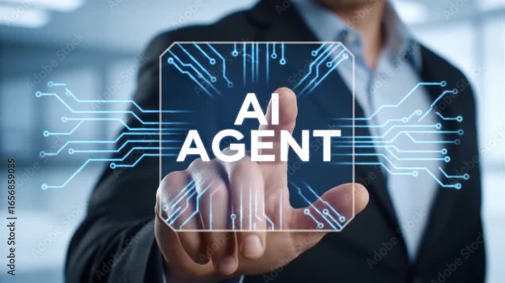 Poster businessman interacting with ai agent interface representing artificial intelligence concepts