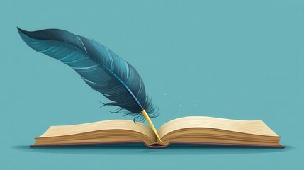 Open book with a quill pen and feather.