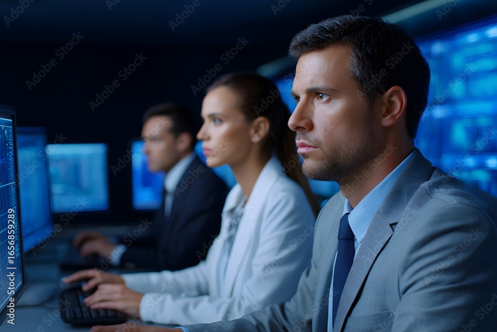 Aufkleber group of professionals working intently at computers in a modern office environment, analyzing data 