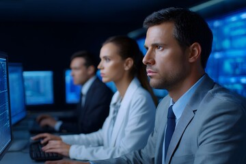 Group of professionals working intently at computers in a modern office environment, analyzing data on screens, showcasing teamwork and focus in a high-tech setting