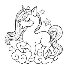 Unicorn on clouds with stars. Black and white linear drawing. Isolated on white background. For children's design of coloring books, prints, posters, postcards, gag stickers, puzzles, etc. Vector illu