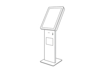 A outlined kiosk with touch screen cabinet and base