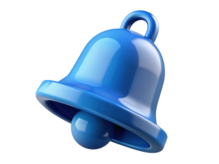 Glossy blue notification bell alert reminder update symbol chime alarm communication 3d rendering plastic style icon on transparent background