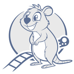 Cheerful cartoon hamster with wind-up key on white background