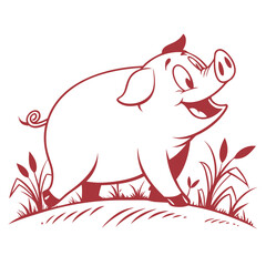 Happy Cartoon Pig in Tall Grass farm animal illustration