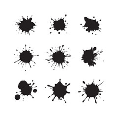 A grid of ten unique black ink splatters on a white background. 