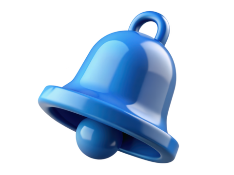 Glossy blue notification bell alert reminder update symbol chime alarm communication 3d rendering plastic style icon on transparent background