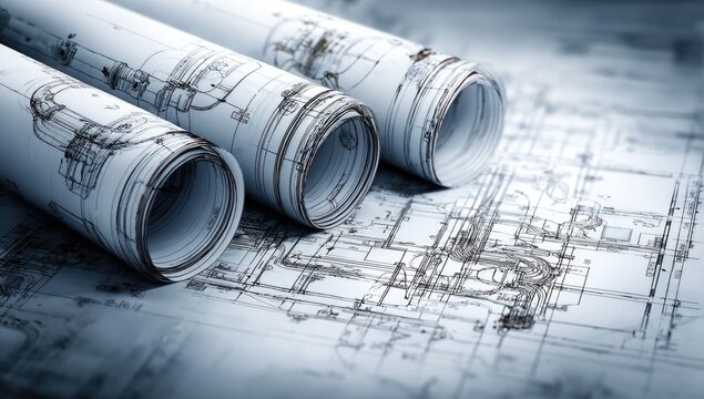 Rolled blueprints of technical drawings