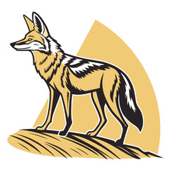 Standing jackal on a grassy mound with yellow background
