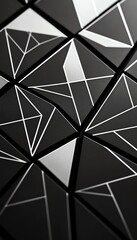 Abstract black and white geometric pattern with triangular shapes and lines creating a modern, artistic design.