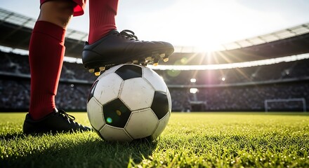 Soccer player with ball on field in stadium at sunset