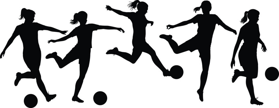 Women soccer silhouettes kicking ball, female football players vector, girl sports action poses, athletic movement illustration, team sport training design, black shape collection for sports artwork