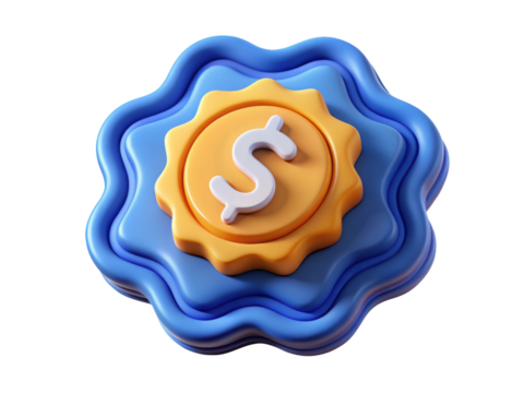 Gold coin with white dollar sign inside blue wave frame 3d rendering plastic style icon on transparent background