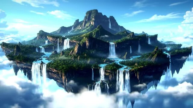 Epic zoom-in video of a giant island hovering above bright fluffy clouds, with waterfalls cascading off the edges