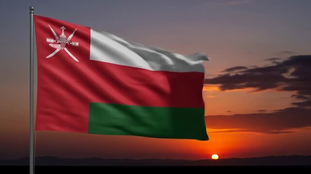 Oman Flag Waving at Sunset - The national flag of Oman proudly waves on a flagpole against a vibrant sunset backdrop.